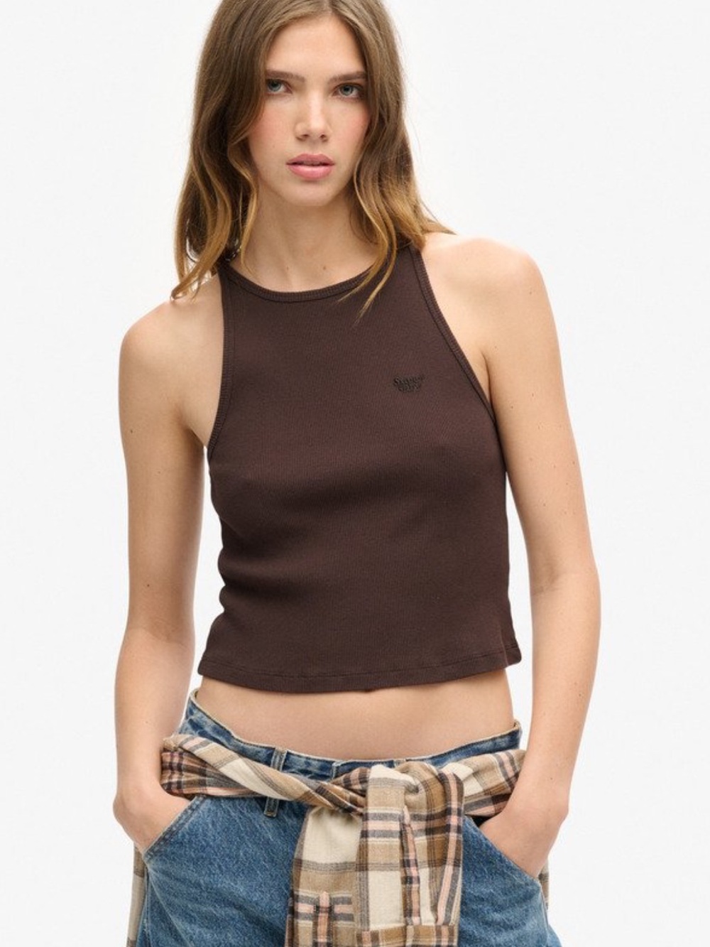 Superdry Ribbed High-Neck Crop Tank - Dark Brown